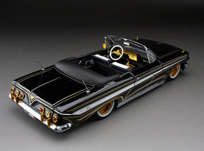 Sun-Star 1961 Chevy Impala Open Convertible Lowrider w Movable Suspension Black w/ Gold Wheels 1:18