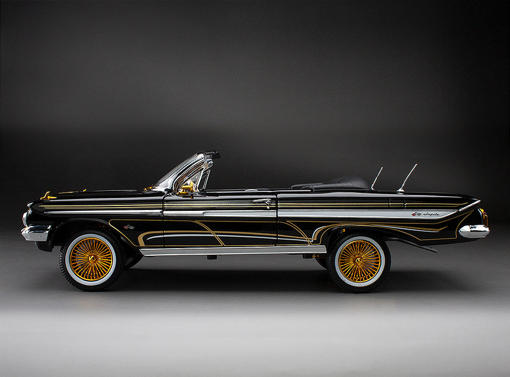 Sun-Star 1961 Chevy Impala Open Convertible Lowrider w Movable Suspension Black w/ Gold Wheels 1:18