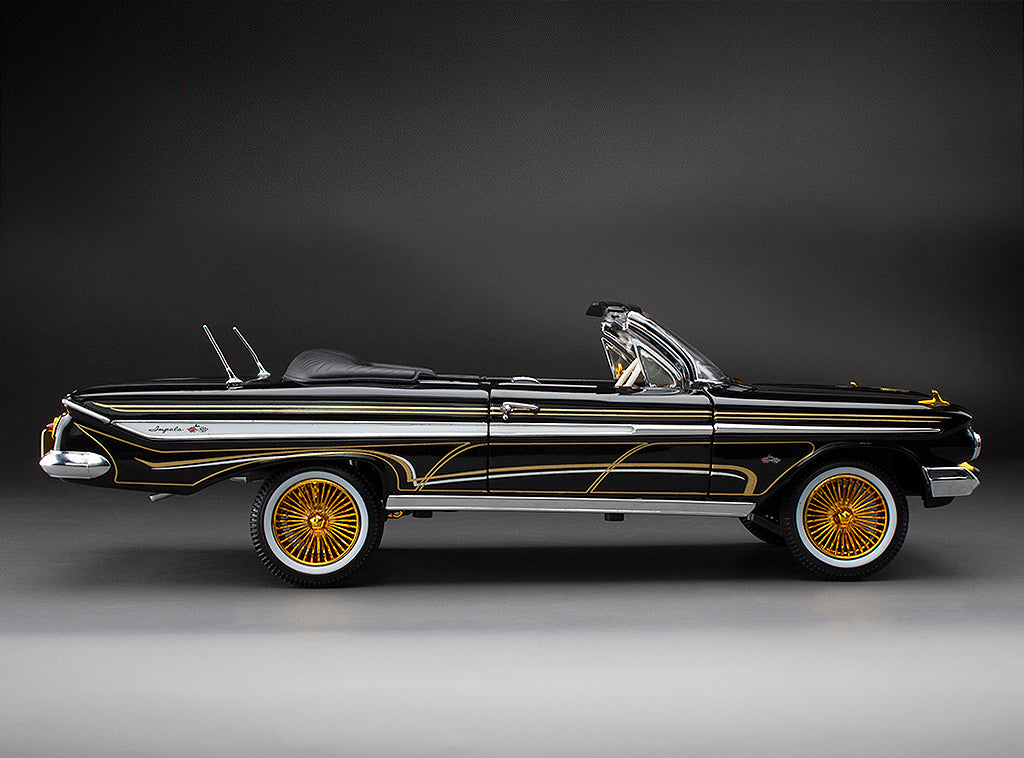 Sun-Star 1961 Chevy Impala Open Convertible Lowrider w Movable Suspension Black w/ Gold Wheels 1:18