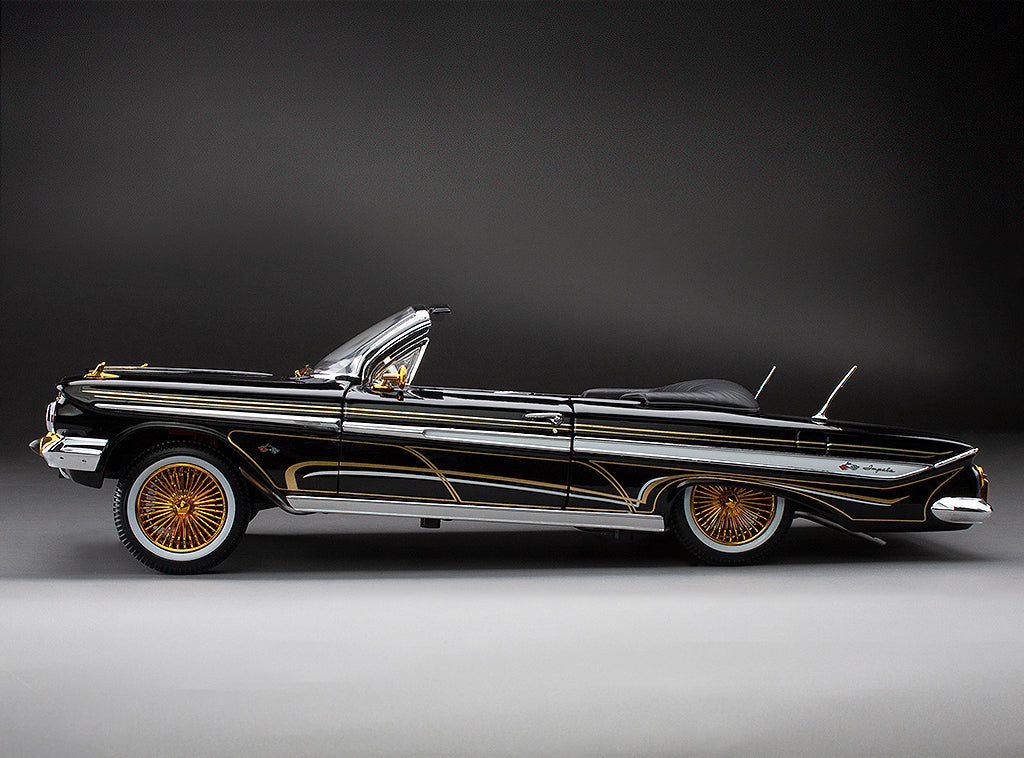 Sun-Star 1961 Chevy Impala Open Convertible Lowrider w Movable Suspension Black w/ Gold Wheels 1:18