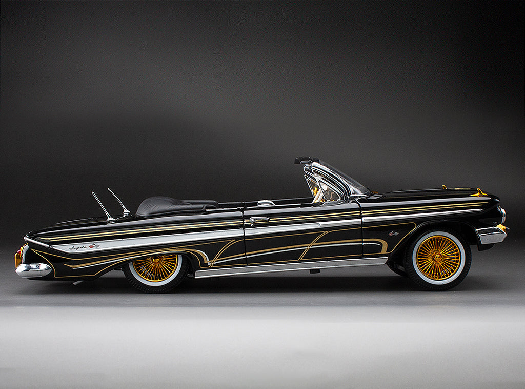 Sun-Star 1961 Chevy Impala Open Convertible Lowrider w Movable Suspension Black w/ Gold Wheels 1:18