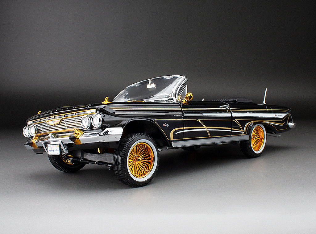 Sun-Star 1961 Chevy Impala Open Convertible Lowrider w Movable Suspension Black w/ Gold Wheels 1:18