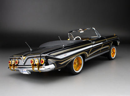 Sun-Star 1961 Chevy Impala Open Convertible Lowrider w Movable Suspension Black w/ Gold Wheels 1:18