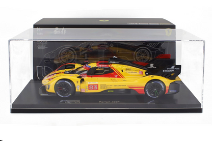 Bburago Ferrari 499P 3.0L Turbo V6 No 83 Team Ferrari AF Corse 2024 24hr Le Mans - Yellow 1:18 WITH DISPLAY