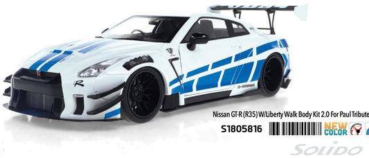 Solido 2024 Nissan GT-R (R35) W/ Liberty Walk Body Kit 2.0 For Paul Tribute White 1:18