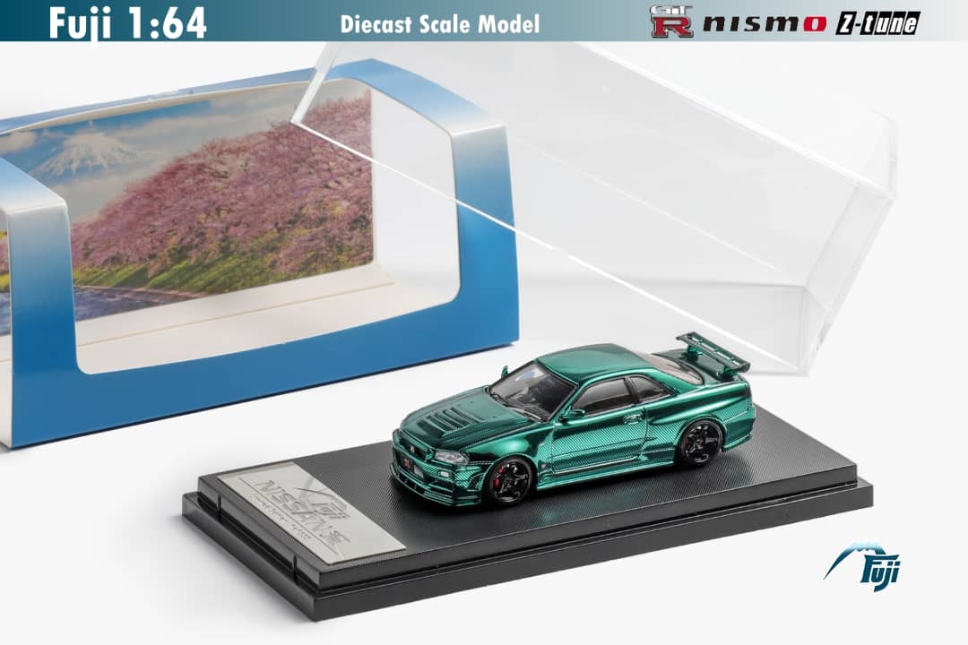 Fuji Nissan Skyline GT-R (R34) Nismo Z-Tune Chrome Carbon Green 1:64