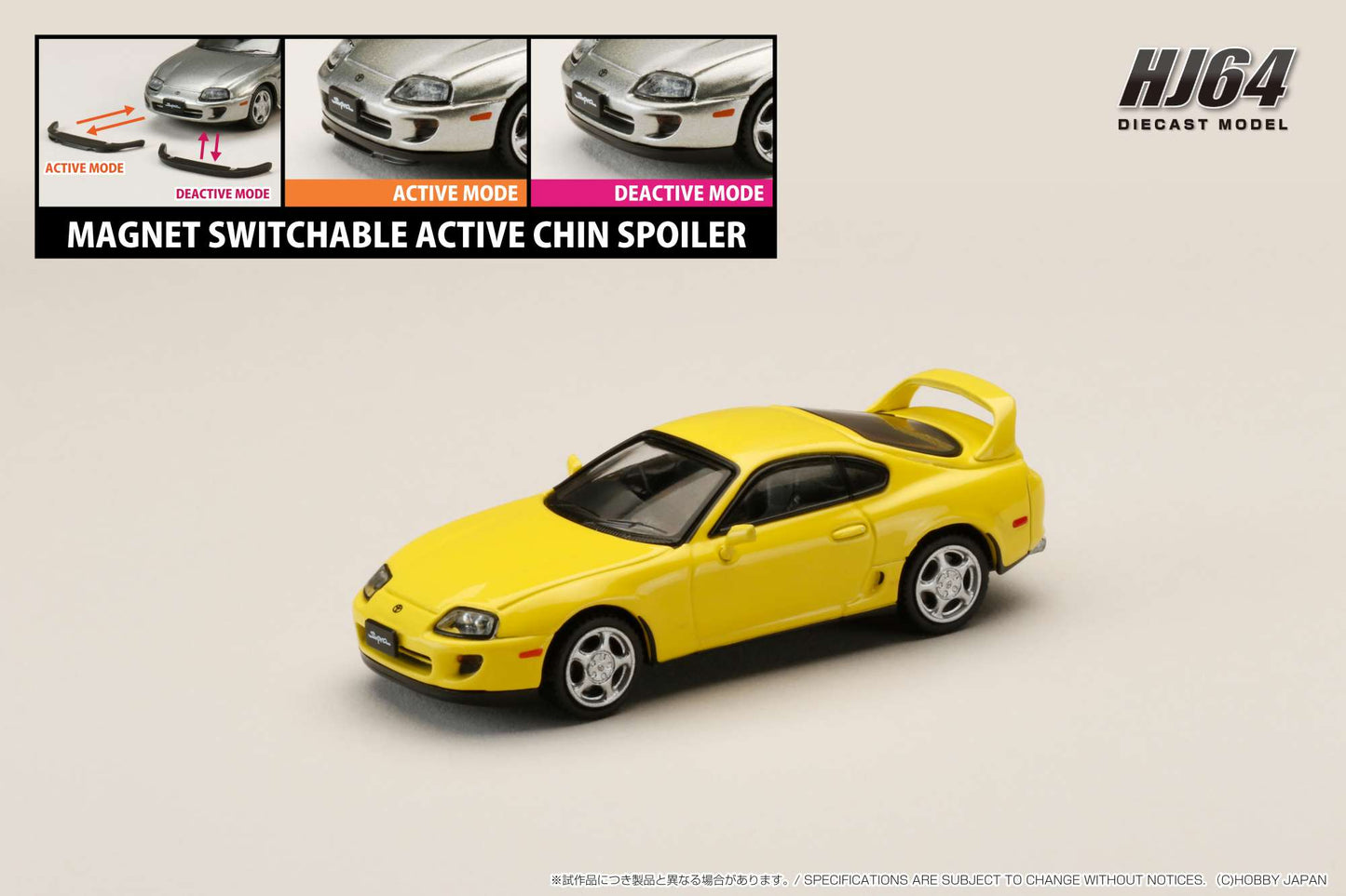 Hobby Japan 1993 Toyota Supra Mk4 (JZA80) w/ Switchable Front Spoiler Yellow 1:64