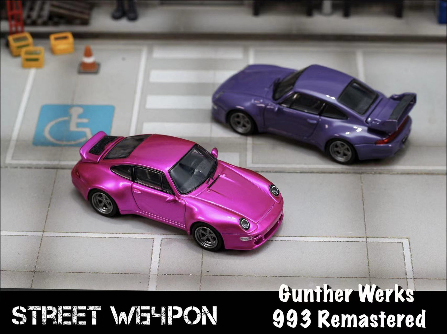 Street Weapon Gunther Werks Porsche 911 993 Remastered Coupe w/ Interchangeable Wings Dark Purple 1:64