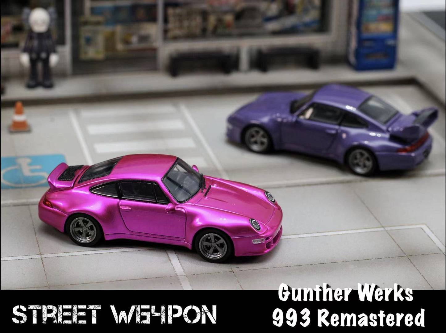 Street Weapon Gunther Werks Porsche 911 993 Remastered Coupe w/ Interchangeable Wings Flash Pink 1:64