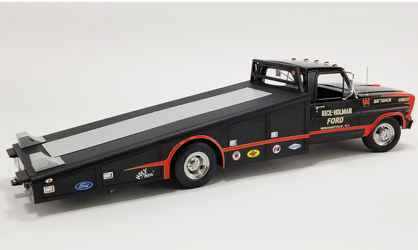 Acme 1970 Ford F-350 Ramp Truck Rick and Holman Bat Truck Black 1:18