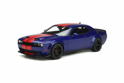 GT Spirit 2021 Dodge Challenger SRT Hellcat Super Stock Indigo Blue w/ Red Stripes 1:18