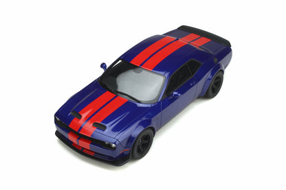 GT Spirit 2021 Dodge Challenger SRT Hellcat Super Stock Indigo Blue w/ Red Stripes 1:18