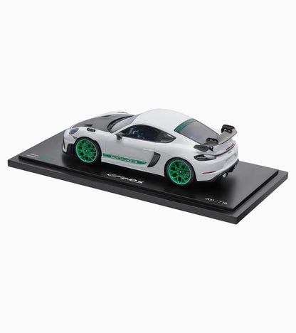 Spark-Model 2021 Porsche 718 Cayman GT4 RS (982) w/ Weissach Package White w/ Green Wheels WITH DISPLAY 1:18