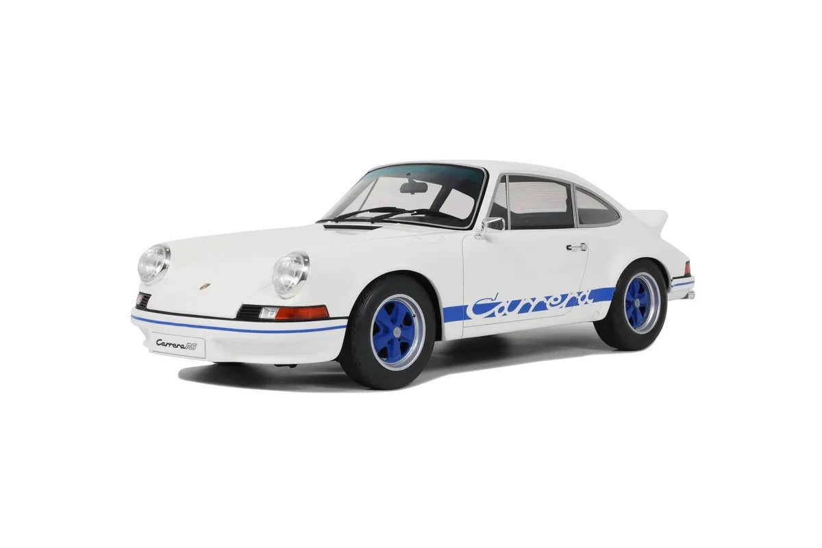 GT Spirit 1973 Porsche 911 Carrera RS 2.7 Coupe White w/ Blue Wheels and Deco 1:12