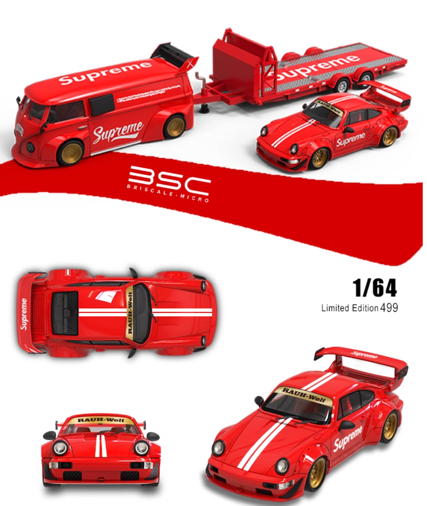 BSC (BriscaleMicro) T1 Van Camper, Trailer, & Porsche 911 964 RWB Set Supreme Livery Red 1:64