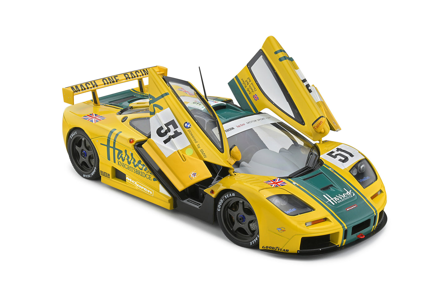 Solido 1995 Mclaren F1 GTR Short Tail #51 Team Harrods Mach One Racing 24hr LeMans Yellow 1:18