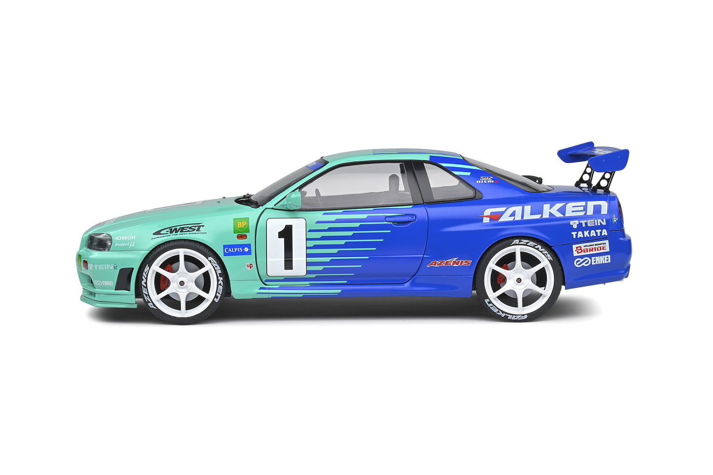 Solido 1999 Nissan Skyline GT-R (R34) Falken Drift Livery – Green Blue 1:18