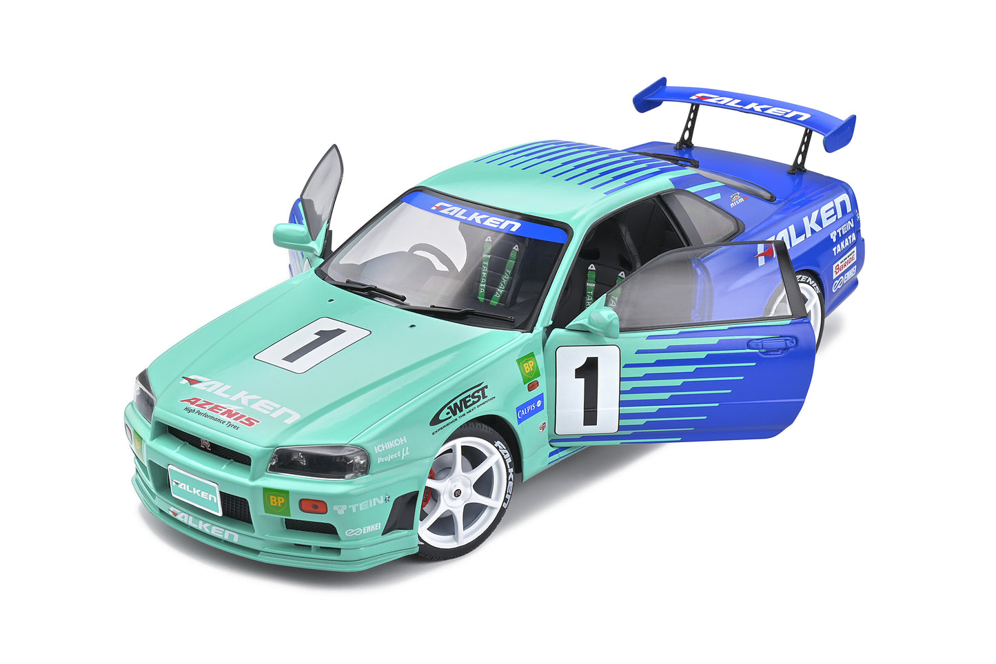 Solido 1999 Nissan Skyline GT-R (R34) Falken Drift Livery – Green Blue 1:18