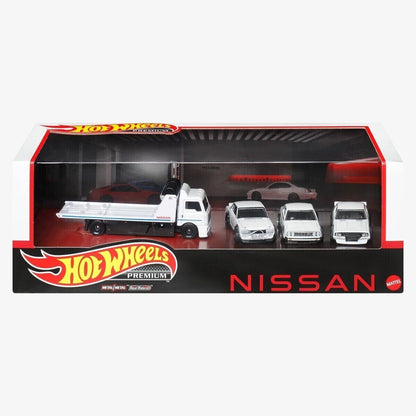 Hot Wheels Premium Collector Set #14 White Nissan Skylines with Nissan Flatbed Truck in Diorama Box 1:64