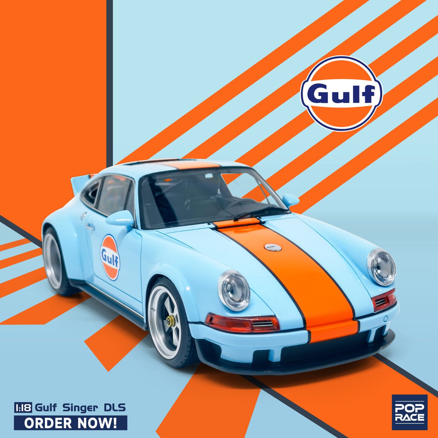 Pop Race Porsche 911 by Singer Coupe DLS Gulf Livery Blue w/ Orange Stripe WITH DISPLAY 1:18