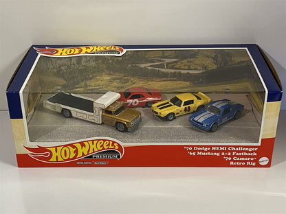 Hot Wheels Premium Collector Set #5 Going to the Races Dodge, Chevy, Ford, Hauler in Diorama Box 1:64