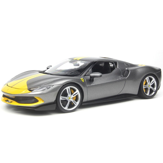 Bburago Ferrari 296 GTB Silver Grey w/ Yellow Accents 1:18