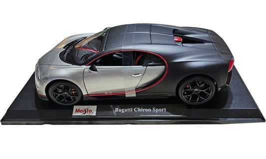 Maisto Bugatti Chiron Sport Matte Black and Silver w/ Red Accents 1:18