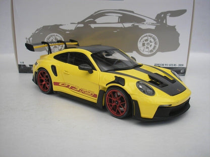 Minichamps 2023 Porsche 911 992 GT3 RS Yellow w/ Weissach Pkg, Pyro Red Wheels & Deco 1:18