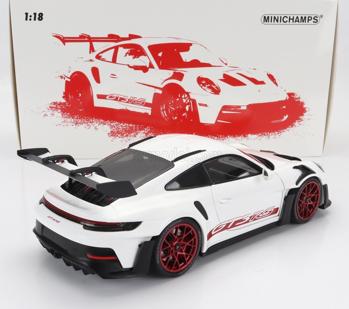 Minichamps 2023 Porsche 911 992 GT3 RS White w/ Pyro Red Wheels 1:18