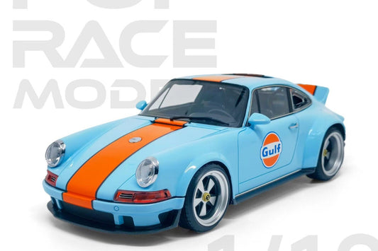 Pop Race Porsche 911 by Singer Coupe DLS Gulf Livery Blue w/ Orange Stripe WITH DISPLAY 1:18