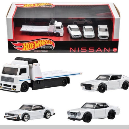 Hot Wheels Premium Collector Set #14 White Nissan Skylines with Nissan Flatbed Truck in Diorama Box 1:64