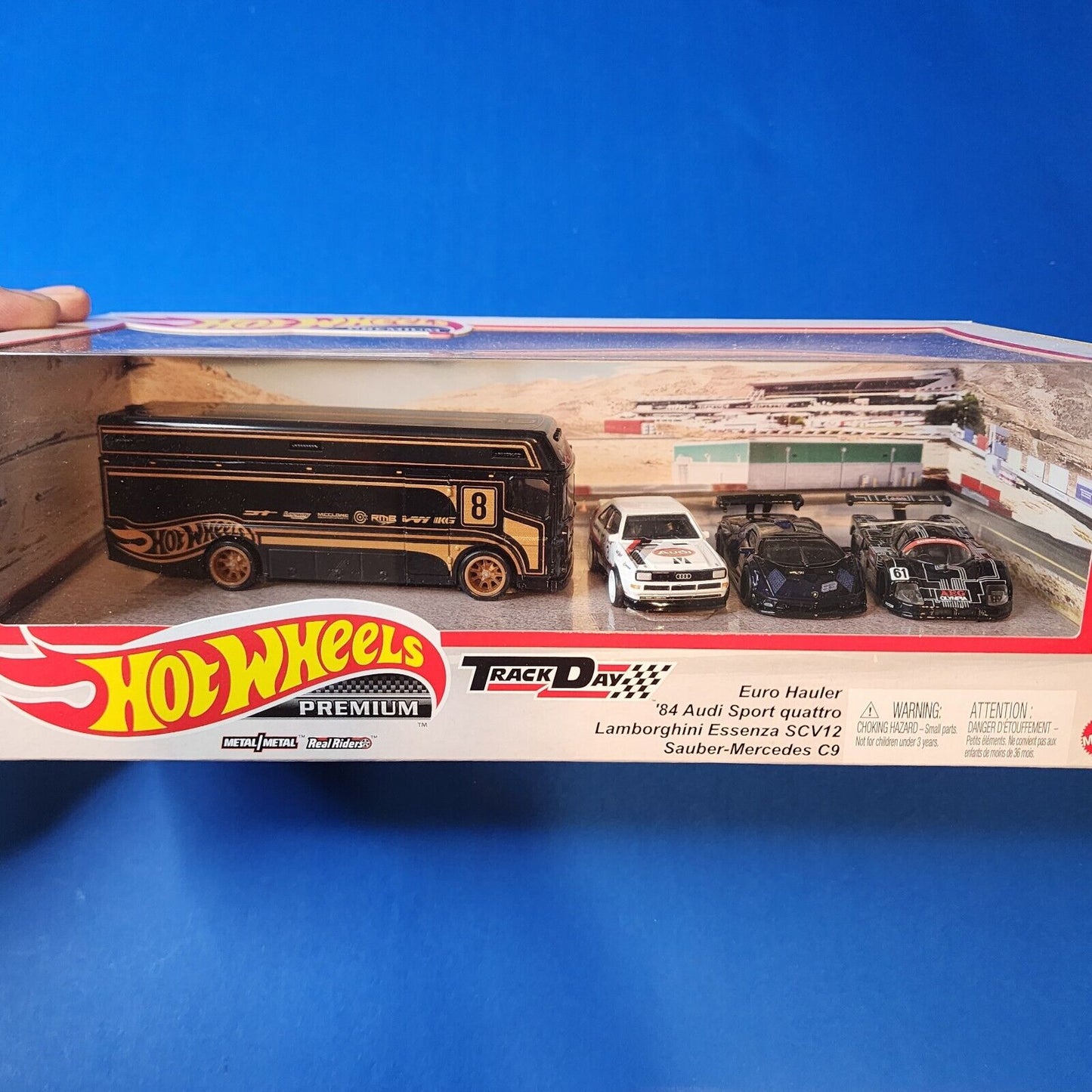 Hot Wheels Premium Collector Set #13 Track Day Sauber, Audi, Lamborghini, and Euro Hauler in Diorama Box 1:64