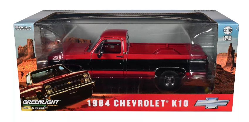 Greenlight Artisan 1984 Chevy K10 Scottsdale Pickup Truck in Apple Red and Midnight Black 1:18