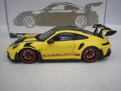 Minichamps 2023 Porsche 911 992 GT3 RS Yellow w/ Weissach Pkg, Pyro Red Wheels & Deco 1:18