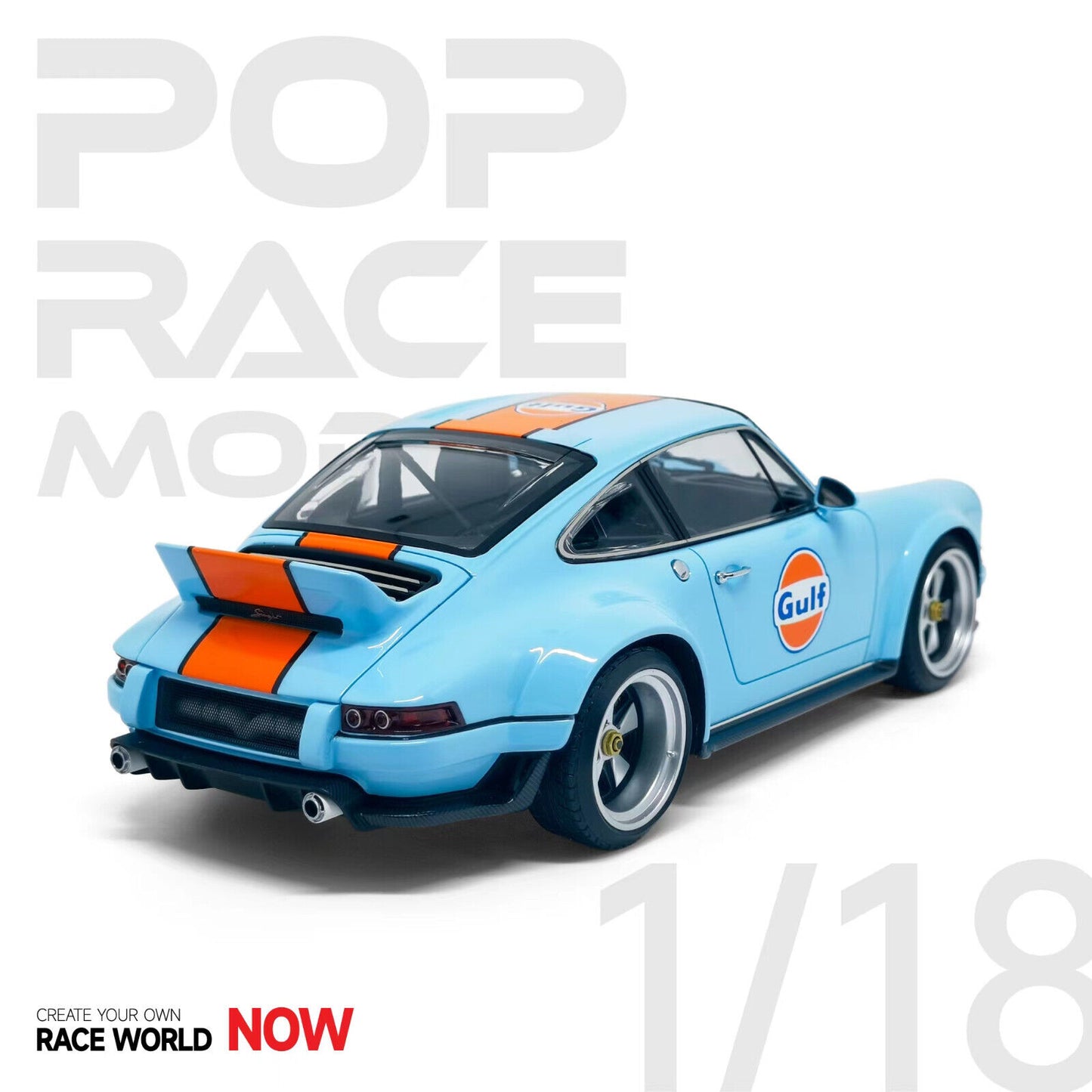 Pop Race Porsche 911 by Singer Coupe DLS Gulf Livery Blue w/ Orange Stripe WITH DISPLAY 1:18