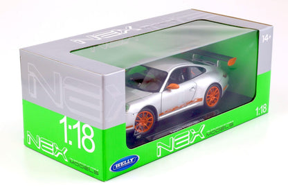 Welly 2007 Porsche 911 (997) GT3 RS Silver w/ Orange Stripe 1:18