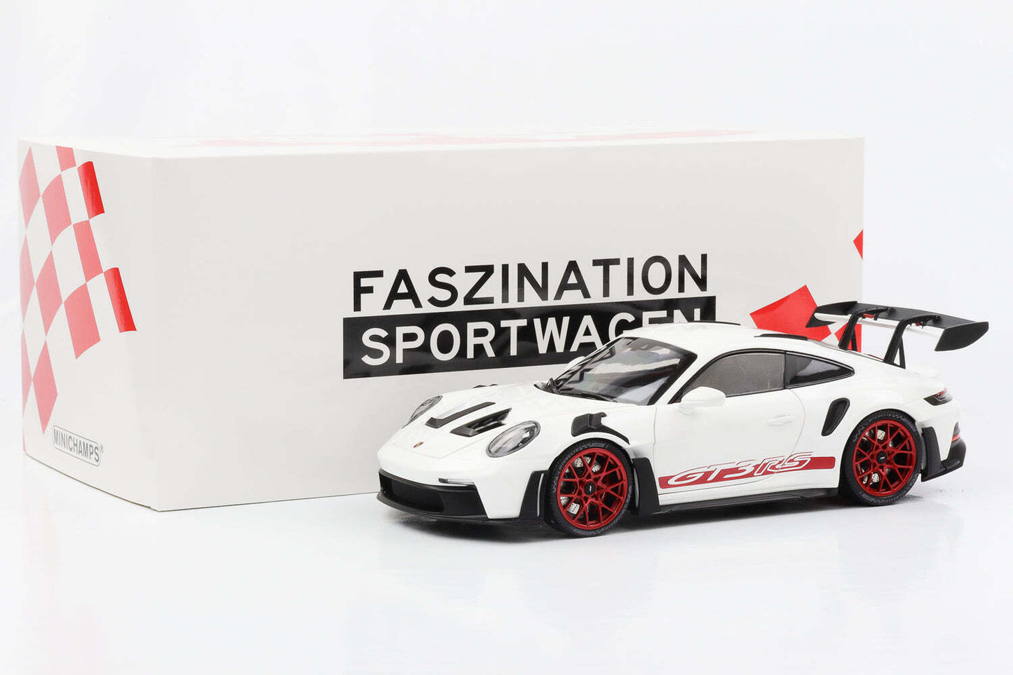 Minichamps 2023 Porsche 911 992 GT3 RS White w/ Pyro Red Wheels 1:18