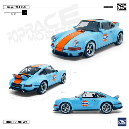 Pop Race Porsche 911 by Singer Coupe DLS Gulf Livery Blue w/ Orange Stripe WITH DISPLAY 1:18