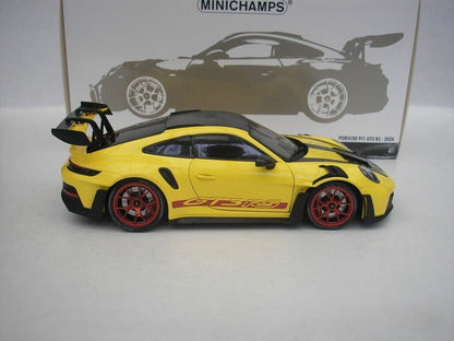 Minichamps 2023 Porsche 911 992 GT3 RS Yellow w/ Weissach Pkg, Pyro Red Wheels & Deco 1:18