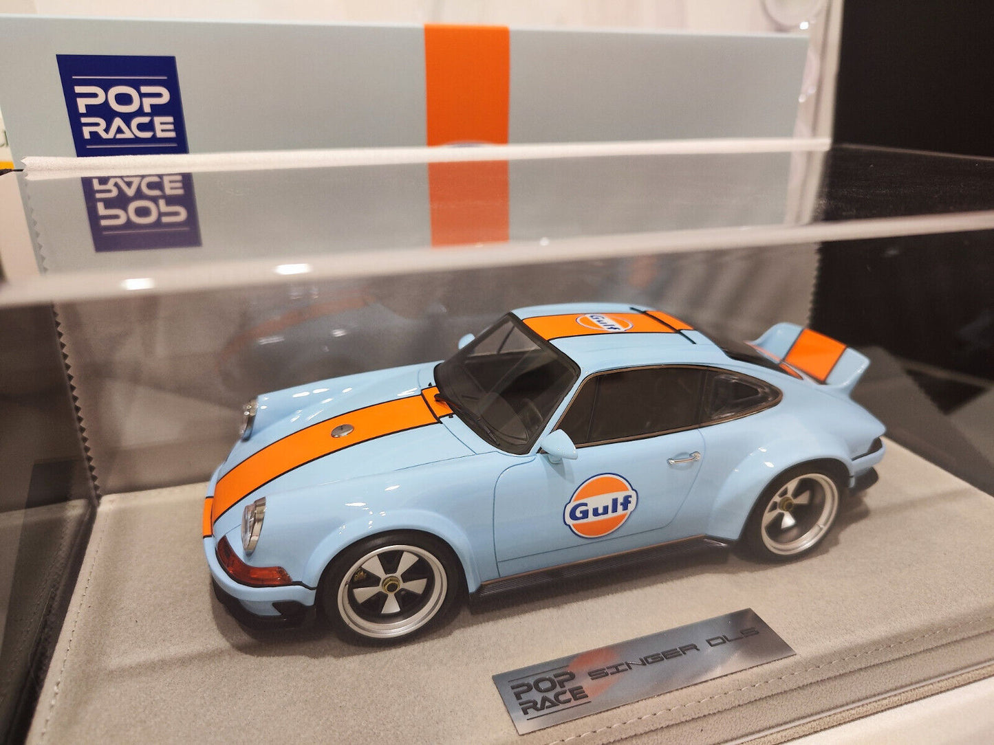 Pop Race Porsche 911 by Singer Coupe DLS Gulf Livery Blue w/ Orange Stripe WITH DISPLAY 1:18