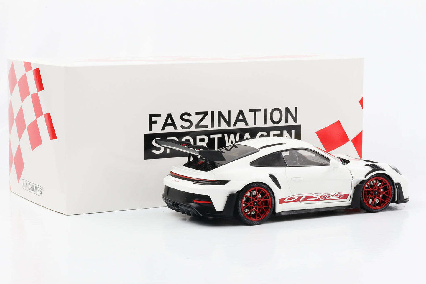 Minichamps 2023 Porsche 911 992 GT3 RS White w/ Pyro Red Wheels 1:18