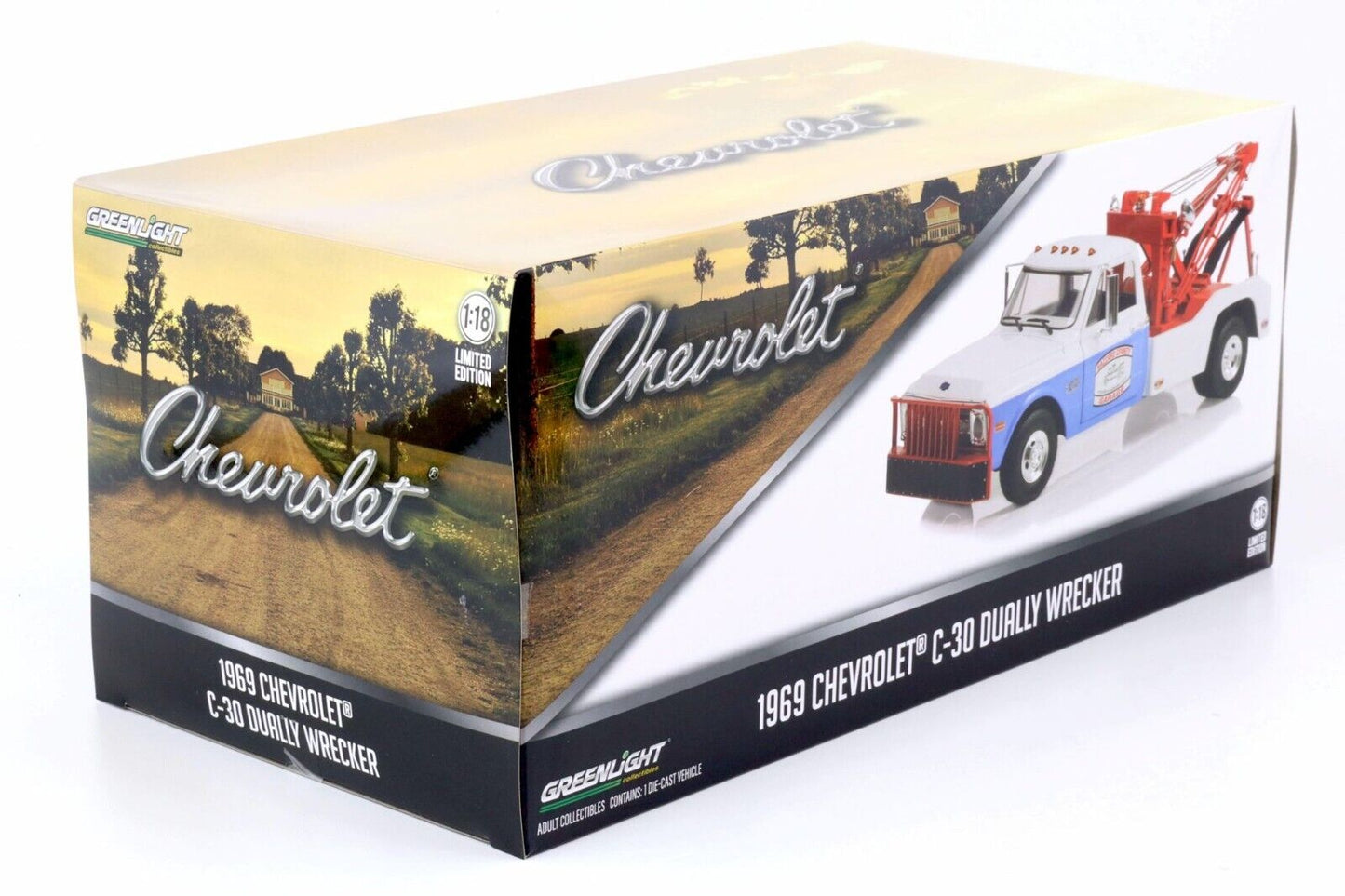 Greenlight 1969 Chevrolet C-30 Dually Wrecker Hazard County Garage White 1:18