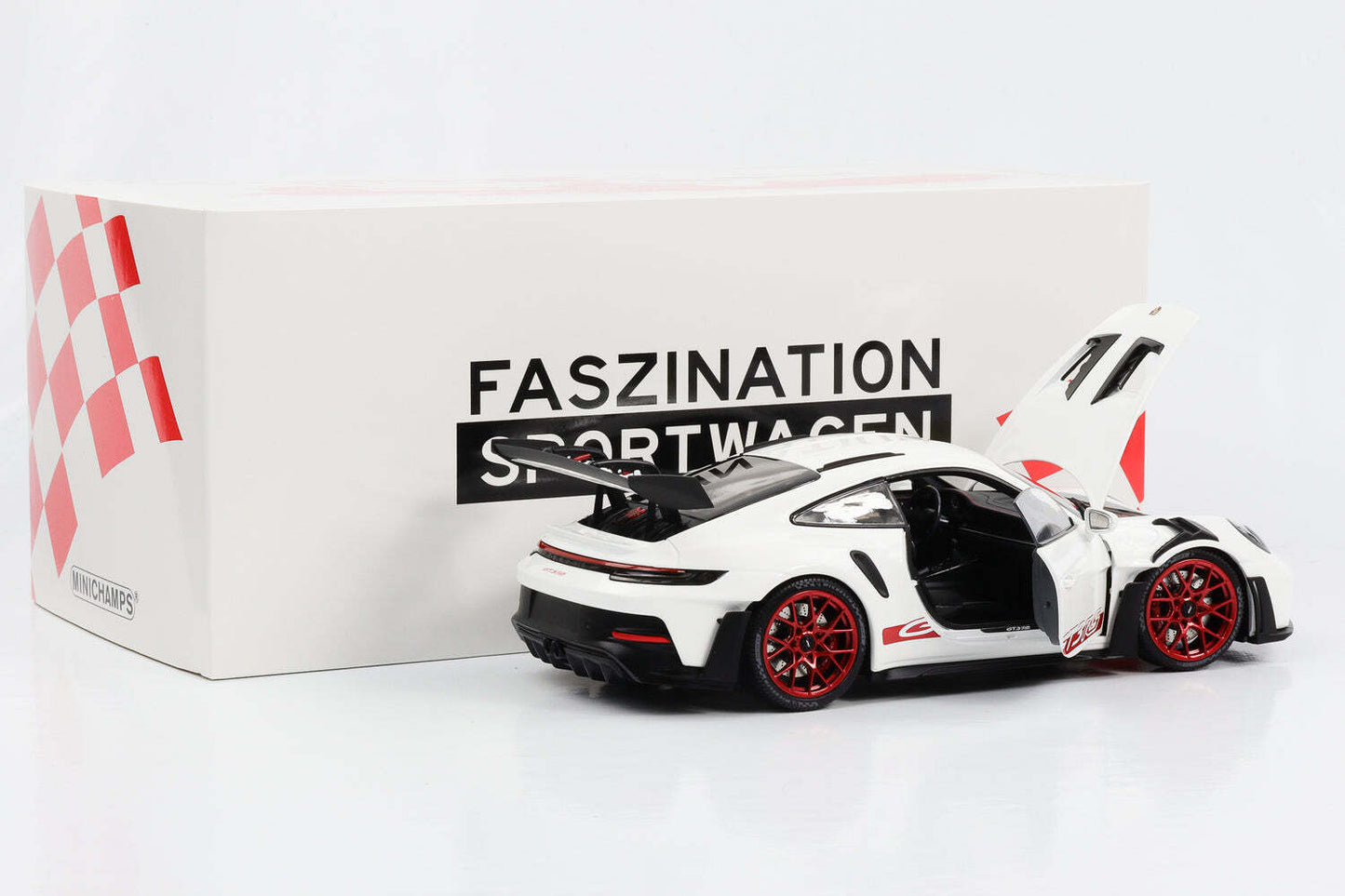 Minichamps 2023 Porsche 911 992 GT3 RS White w/ Pyro Red Wheels 1:18