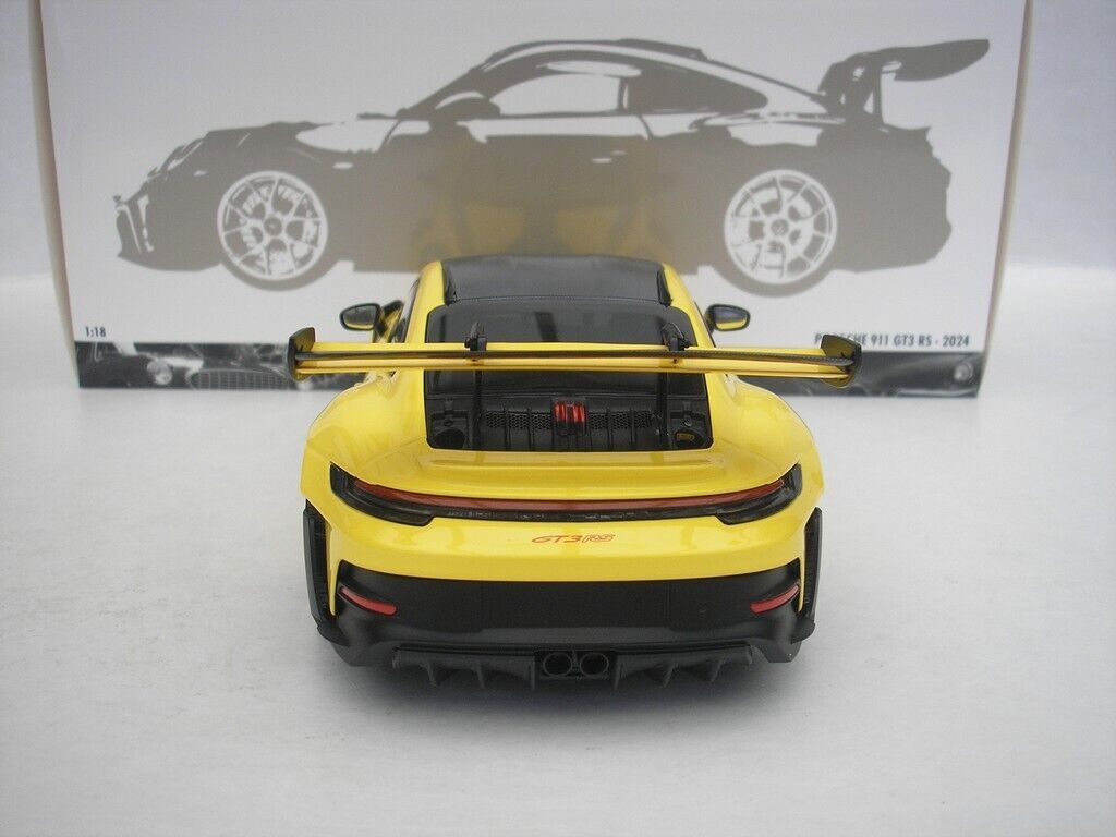 Minichamps 2023 Porsche 911 992 GT3 RS Yellow w/ Weissach Pkg, Pyro Red Wheels & Deco 1:18