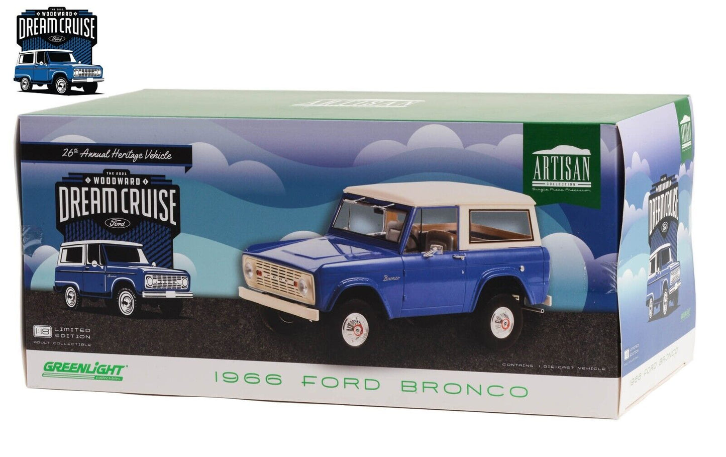 Greenlight 1966 Ford Bronco 26th Annual Woodward Dream Cruise Blue with White Top 1:18