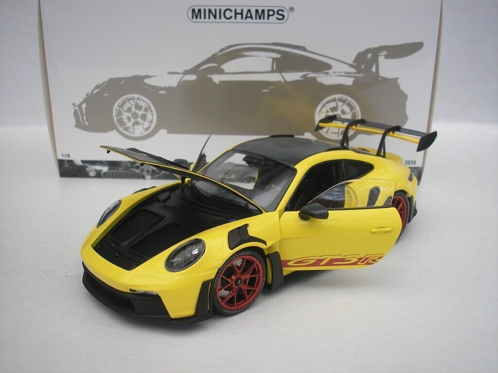 Minichamps 2023 Porsche 911 992 GT3 RS Yellow w/ Weissach Pkg, Pyro Red Wheels & Deco 1:18