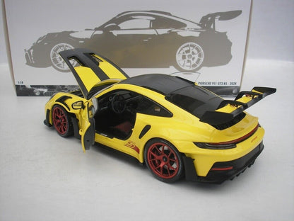 Minichamps 2023 Porsche 911 992 GT3 RS Yellow w/ Weissach Pkg, Pyro Red Wheels & Deco 1:18