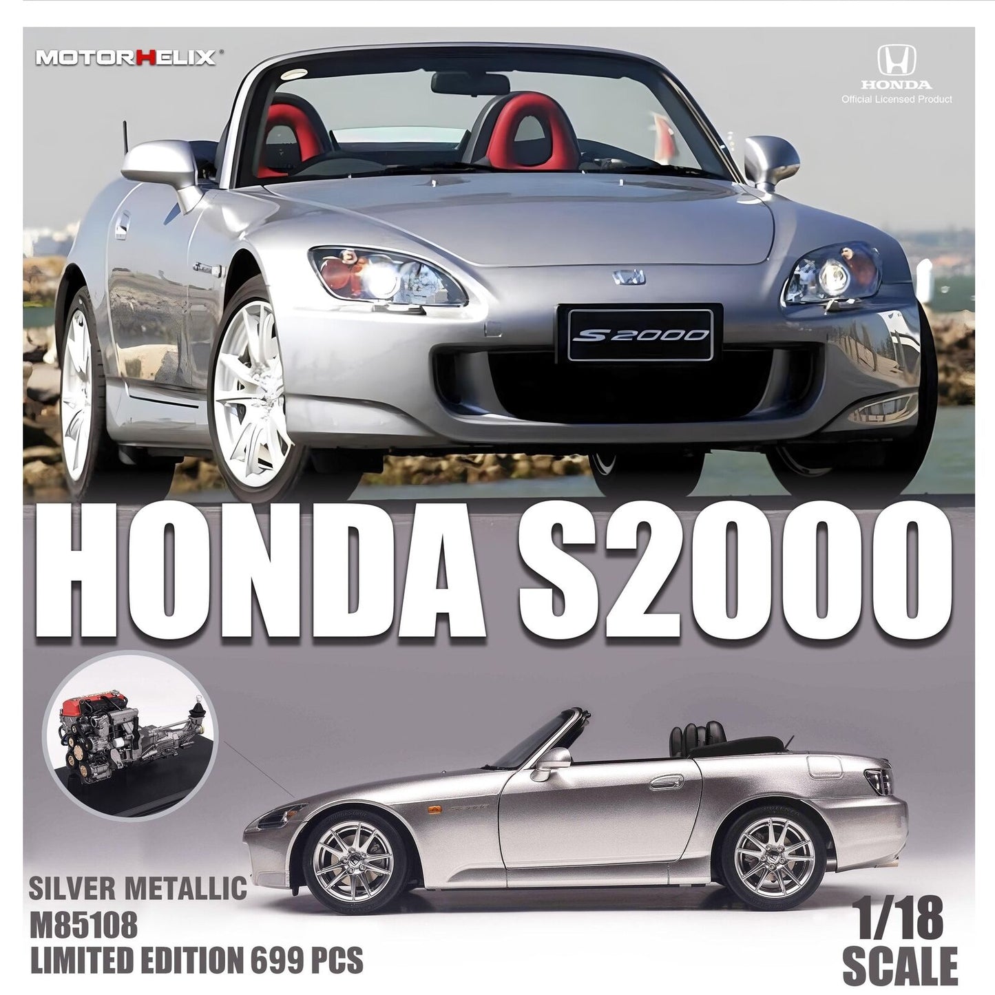 Motorhelix 2000 Honda S2000 (AP2) w/ Engine & Convertible Tops, Silver 1:18 LIMITED