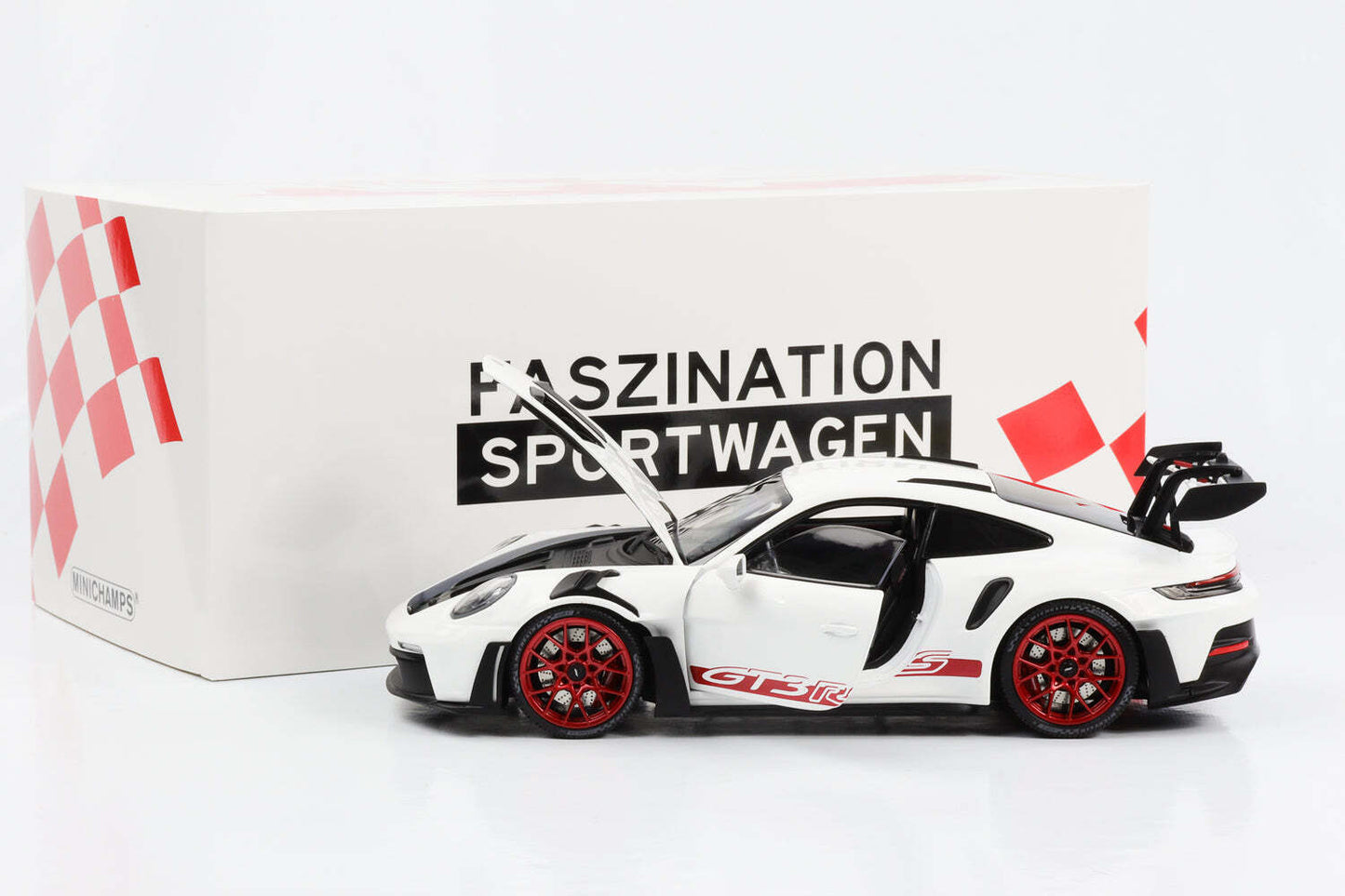 Minichamps 2023 Porsche 911 992 GT3 RS White w/ Pyro Red Wheels 1:18