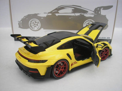 Minichamps 2023 Porsche 911 992 GT3 RS Yellow w/ Weissach Pkg, Pyro Red Wheels & Deco 1:18